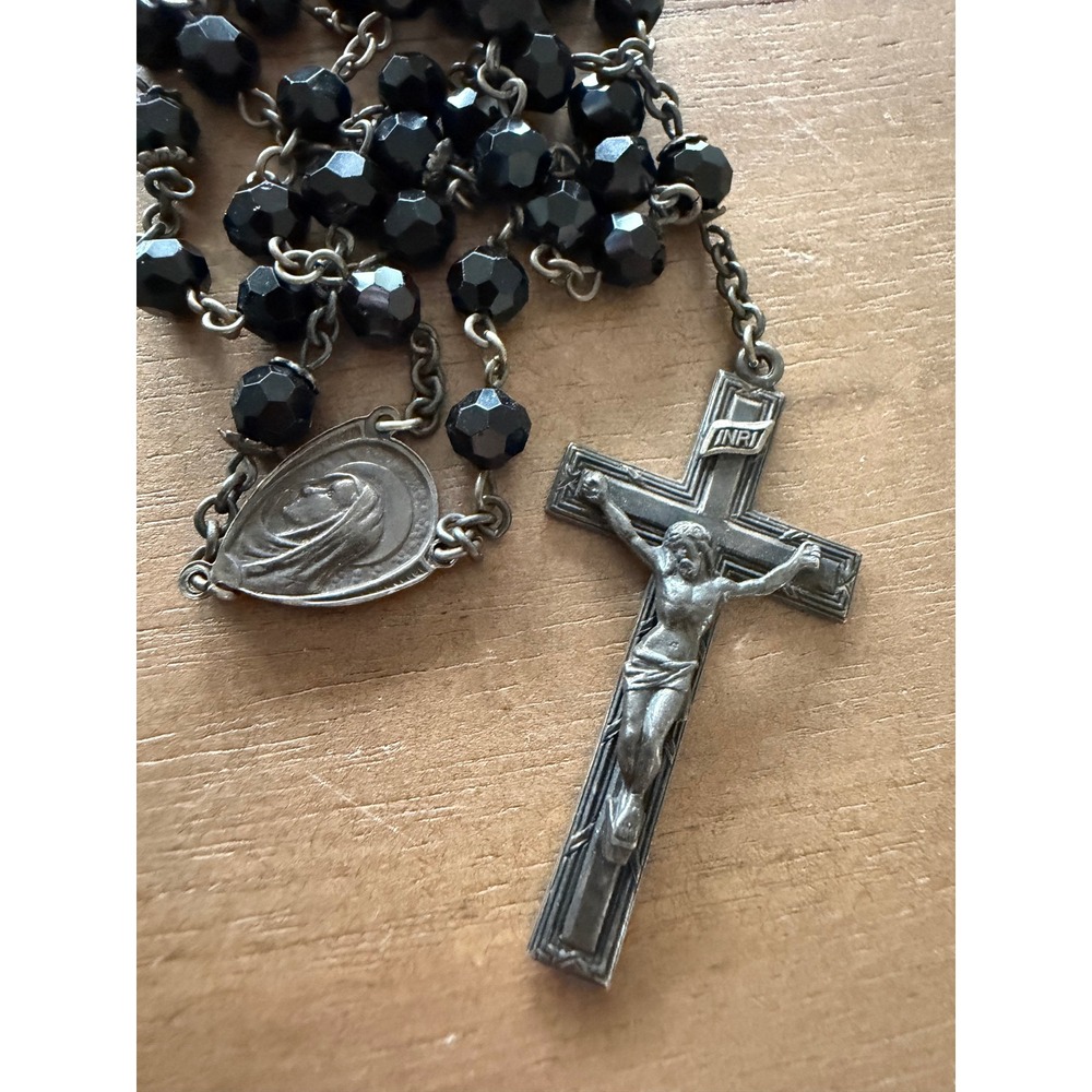 Vintage Rosary Beads Black Crystal Faceted & Sterling Silver